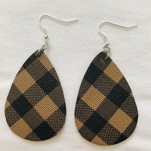 2 FOR $13 brown plaid leather teardrop earrings